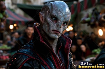 A gray-skinned alien man stands in a crowded market under warm background lights