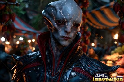 Turned slightly in a crowded market, a gray alien man wears dark armor