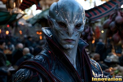 A gray alien man in a black collar stands in a busy market alley