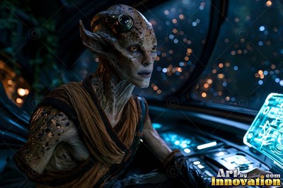 In a dim spaceship cockpit, a spotted alien man sits at blue control panels