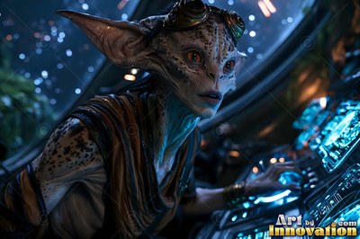 Piloting a spaceship, a slender alien man with large ears touches bright blue controls