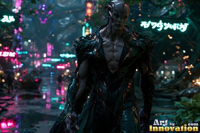 Alien man in dark robes walking down a neon street at night