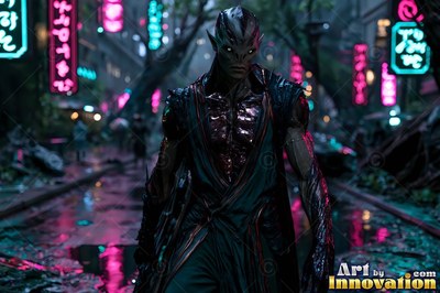 Dark scaled skin covers an alien man standing on a wet street lined with pink neon signs