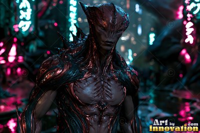 A horned alien man is standing facing forward as cyan neon signs shine behind him