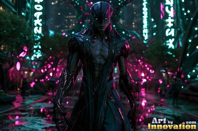 Standing tall in a dark city, an alien man looks ahead under pink lights