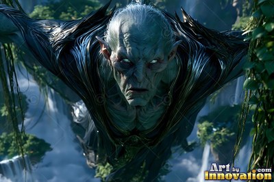 A pale alien man with dark armor glides down over a green jungle canyon