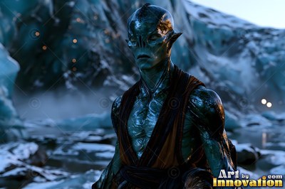 On an icy blue planet, a scaly alien man stands in dark sleeveless robes