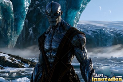 Standing in the cold, a silver-skinned alien man rests near blue ice mountains