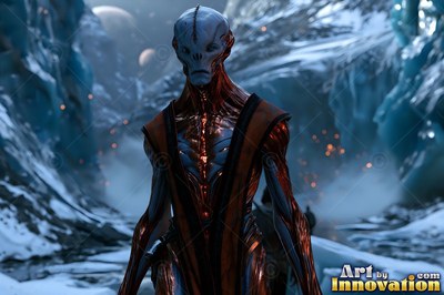Blue alien man in a dark vest standing on a snowy planet