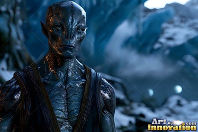 Dark ridged skin covers an alien man with blue skin standing before cold, snowy mountain rocks