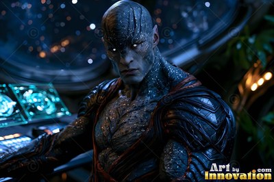 A blue-skinned alien man sits at a control panel lit by soft teal screen light