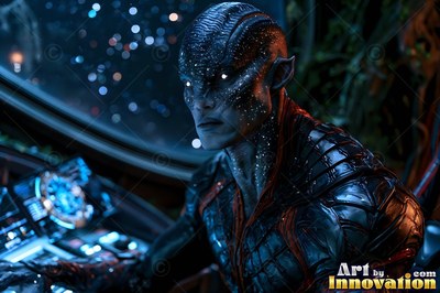 Turned to the side, a blue alien man sits inside a dark starship cockpit