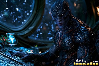 An alien man in blue tones with scaly skin sits at a dark spaceship control panel