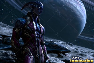 On a rocky moon, an alien man in blue tones in a purple suit stands before a ringed planet