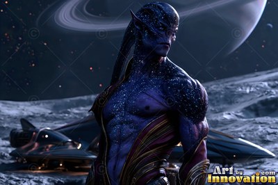 Standing on a rocky moon, a blue extraterrestrial man looks past a parked spacecraft