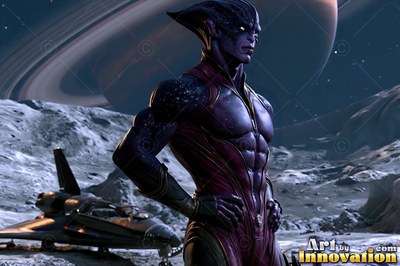 Purple alien man in a dark suit standing on a rocky moon surface