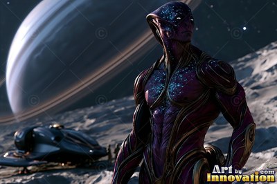 Spotted purple skin marks a tall alien man standing on a gray moon near a ringed planet