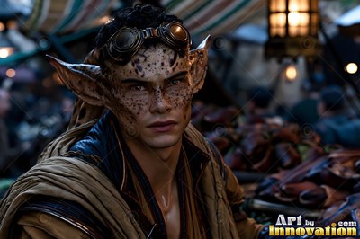 An alien man with spotted skin and large ears stands in a market under warm lantern light