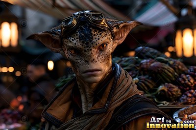 Facing forward, a spotted alien man wears goggles in a dim market