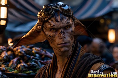 A spotted alien man with large pointed ears wears round goggles on his head in a market