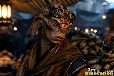 In a dim market, a spotted alien man wears goggles on his head and looks aside