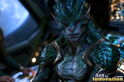 Sitting at a spaceship console, a green scaled alien man looks forward