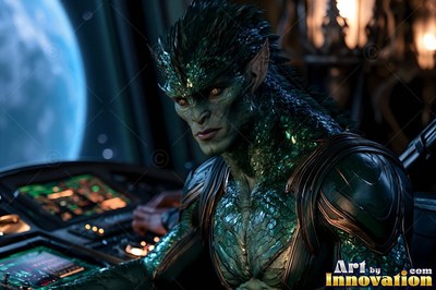 Green scaled alien man sitting at spaceship controls