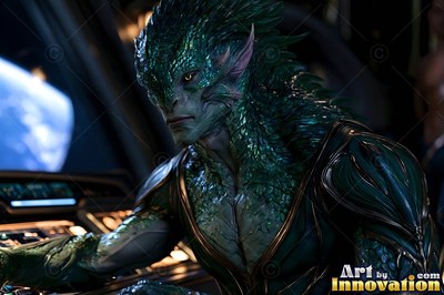 A man with green scales and pointed ears sits at the control console of a spaceship window