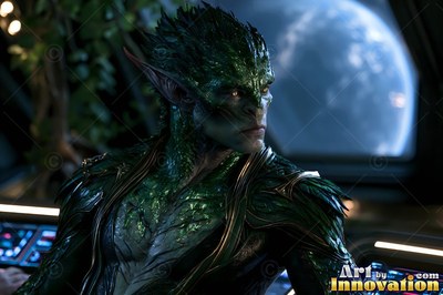A green scaled alien man looks aside beside a spacecraft window in cool blue light