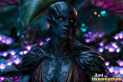 A blue-skinned alien man stands in a dark garden with purple lights
