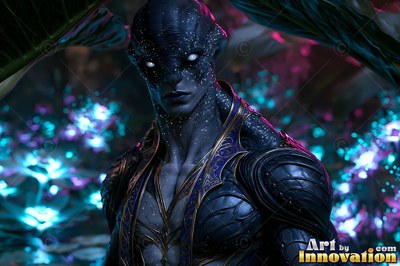 In a dark garden with blue flowers, a spotted alien man wears dark blue armor