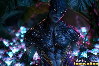 Standing in blue flowers, a blue alien man with white eyes looks ahead