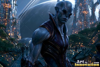 A blue alien man in dark armor standing in a city at night