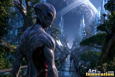 With a crested gray head, an alien man stands on a walkway under a giant ringed planet