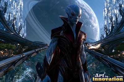 A blue-skinned alien man stands on a bridge under pale blue planetary light
