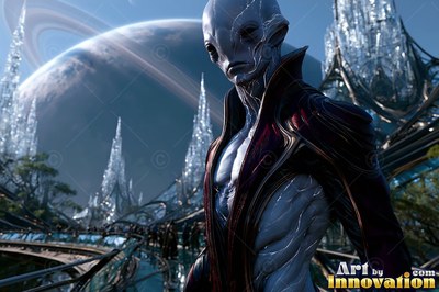 Turned to the side, a pale alien man stands before icy spires and a ringed planet