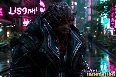 A scaly alien man in a heavy black coat walks a rainy street under pink neon signs