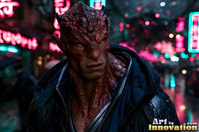 On a city street at night, a red-skinned alien man stands in a dark jacket