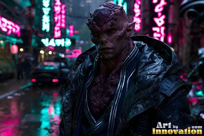 Standing in a dark street, a purple alien man in a coat looks ahead under neon signs