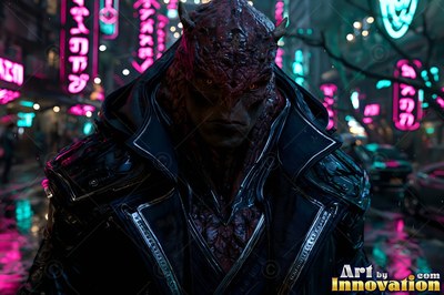 Horned alien man in a black coat standing on a neon street