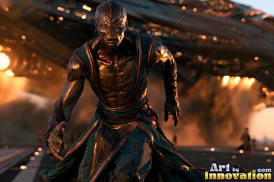 A textured alien man in green robes runs forward under a dark spaceship in warm light