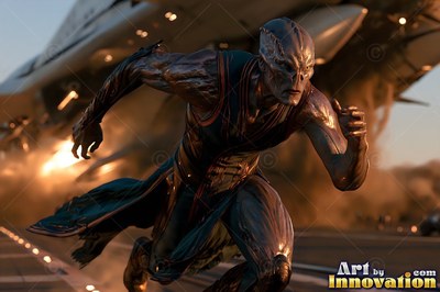 An alien man sprints from a spaceship under warm sunset light