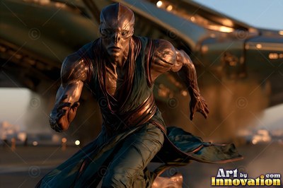 Running forward, an alien man in green robes sprints past a spaceship landing pad