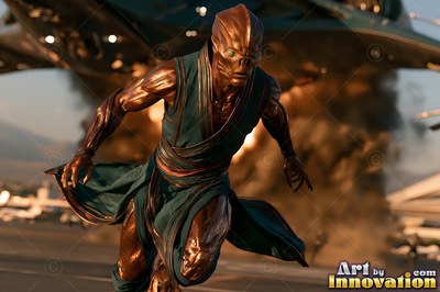 A bronze alien man in teal robes runs forward while a spaceship crashes behind him