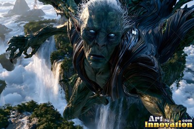 Above misty waterfalls, a winged green alien man flies forward with claws reaching out