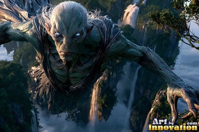 Flying over jungle waterfalls, a pale green alien man reaches forward with clawed hands