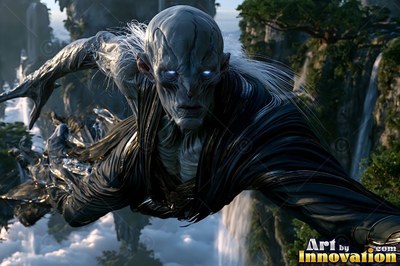 Pale alien man in black robes flying above green cliffs