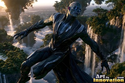 Blue-skinned man in a dark robe leaps through the sky above floating islands and waterfalls