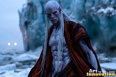 A pale alien man stands before icy blue glaciers in a dark red cloak