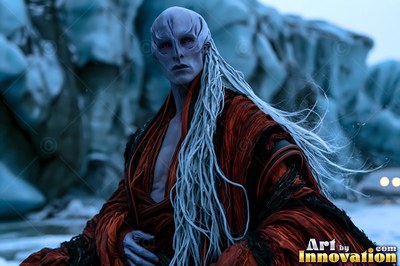 Turned slightly in red robes, a pale alien man is standing before frozen ice walls